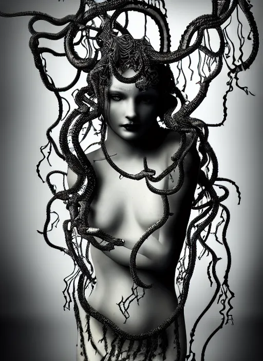 Image similar to surreal mythical dreamy dark artistic black and white fine art photo of a beautiful young female medusa - mermaid - cyborg covered with translucent algae, highly detailed, intricate crystal ivy jelly fish scales ornate, lace web, poetic, octane render, 8 k, photo - realistic, by horst p. horst