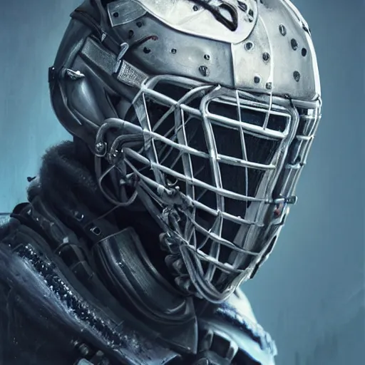 Image similar to Very very very very highly detailed epic central composition studio photography of face with hockey mask, intricate, dystopian, sci-fi, extremely detailed, digital painting, artstation, concept art, smooth, sharp focus, illustration, studio lighting, incredible art by Anna Dittmann and Anton Pieck