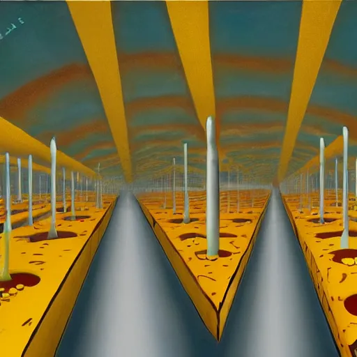 Prompt: crowded underground city where everyone is made of cheese, surrealist painting