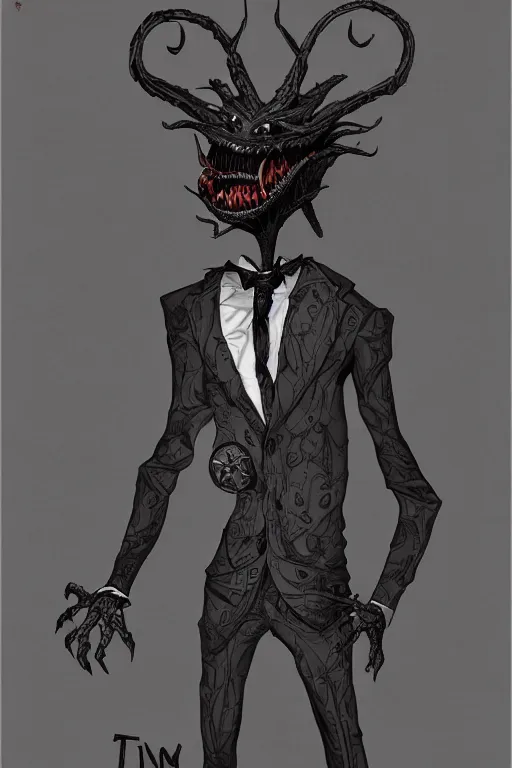 Prompt: creepy demon in a suit, tim burton, detailed, highly detailed, concept art, artstation, comic aesthetic, creepy aesthetic, toon shading, cel shading,
