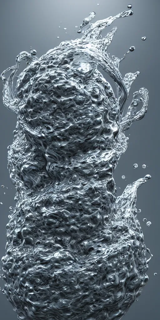 Image similar to a photorealistic render of a 3 d organic water sculpture in the centre, made of liquid metal, c 4 d, made of marble, by zhelong xu, gakkin and ernst haeckel, hyper realistic, plain background, 8 k, volumetric lightning, trending on artstation