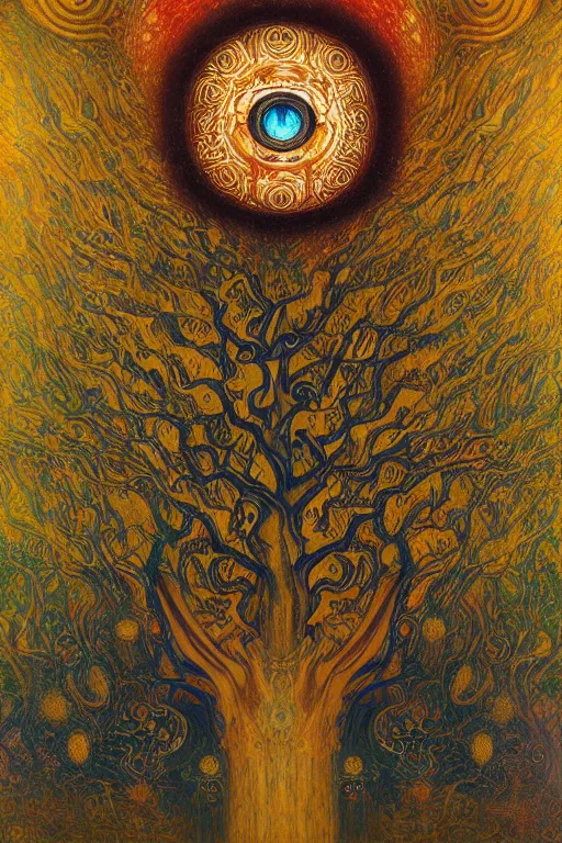 Image similar to Tree of Life by Karol Bak, Jean Deville, Gustav Klimt, and Vincent Van Gogh, mysterious, sacred geometry, Surreality, radiant halo, colorful jeweled leaves, otherworldly, enigma, fractal structures, celestial, arcane, ornate gilded medieval icon, third eye, spirals