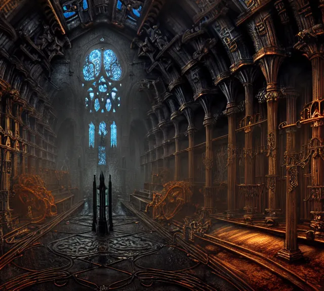 Image similar to steam necropolis, memento mori, gothic, neo - gothic, art nouveau, hyperdetailed copper patina medieval icon, stefan morrell, philippe druillet, ralph mcquarrie, concept art, steampunk, unreal engine, detailed intricate environment, octane render, moody atmospherics, volumetric lighting, ultrasharp, ominous, otherworldly