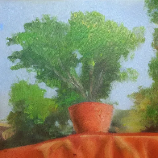 Prompt: a lush green, oil painting