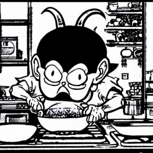 Image similar to evil anthropomorphic cookie cooking a bunch of cookies, in the kitchen, in dragon ball manga by akira toriyama, black ink