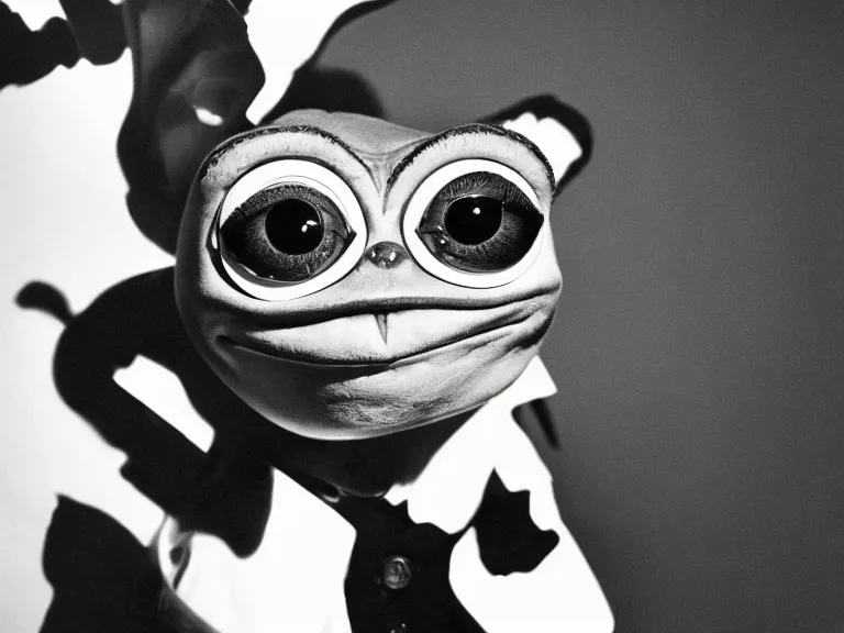 Image similar to portrait of Pepe the frog by Cecil Beaton, glamorous Hollywood style lighting, black and white, photorealistic