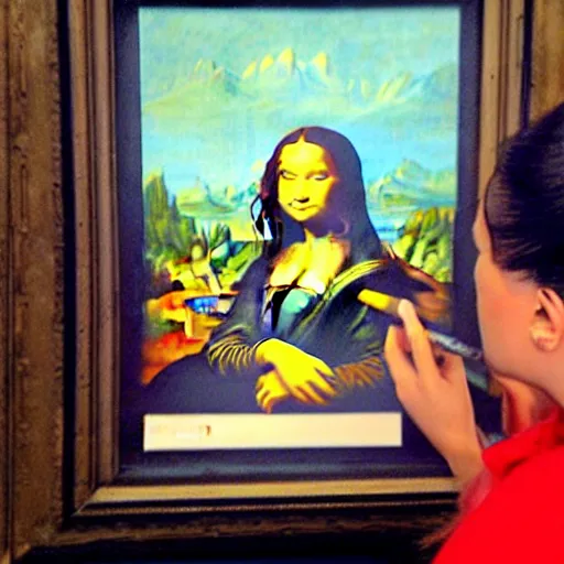 Prompt: drunk monkey drawing on mona lisa with crayons in the louvre, [ photoreal ]