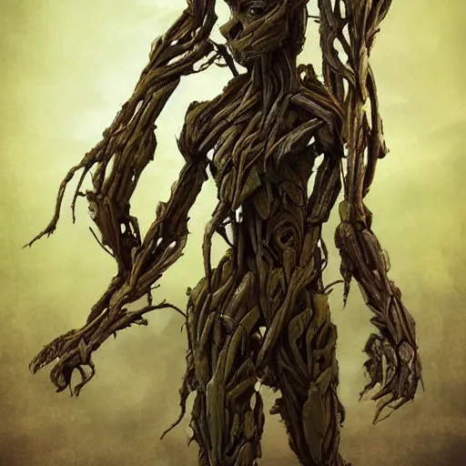 Prompt: mech inspired by groot, 4 k realistic photo