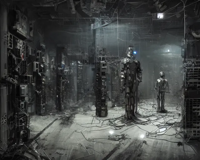 Prompt: gloomy colossal ruined server room in datacenter robot figure automata headless robot knight welder posing pacing fixing soldering mono sharp focus, emitting diodes, smoke, artillery, sparks, racks, system unit, motherboard, by pascal blanche rutkowski artstation hyperrealism cinematic dramatic painting concept art of detailed character design matte painting, 4 k resolution blade runner