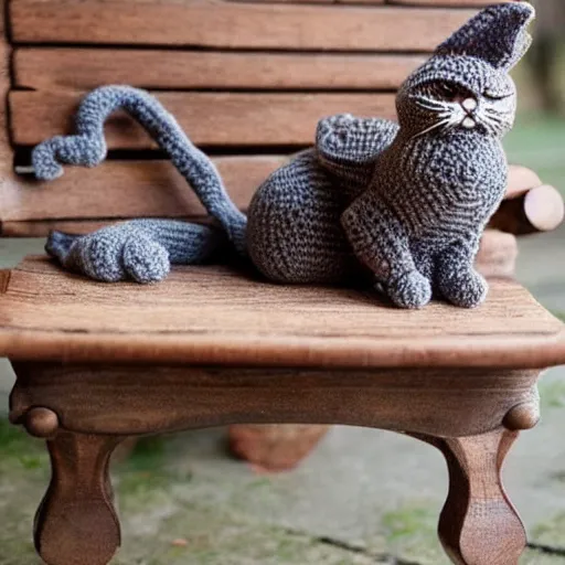 Image similar to A crocheted cat on a park bench, handmade, natural lighting, photography style, extremely detailed, trending on Pinterest