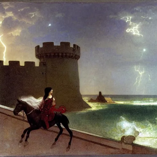 Image similar to Girl riding a horse leaving the castle through the bridge, thunderstorm, beach ocean on the background major arcana sky, by paul delaroche, alphonse mucha and arnold böcklin arnold böcklin hyperrealistic 8k, very detailed