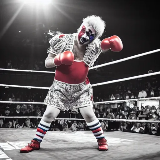 Prompt: photo of clowns boxing in the ring, clown makeup, clown makeup, circus clowns, clowns, a clown throwing a punch, hbo showtime, sports photography