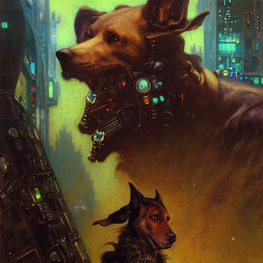 Image similar to portrait german dogman canine nerd neuromancer. spaceship futuristic city. shadowrun cyberpunk fantasy d & d painting by gaston bussiere craig mullins jc leyendecker gustav klimt artgerm greg rutkowski john berkey, bergey, craig mullins, ruan jia, raymond swanland, tom lovell