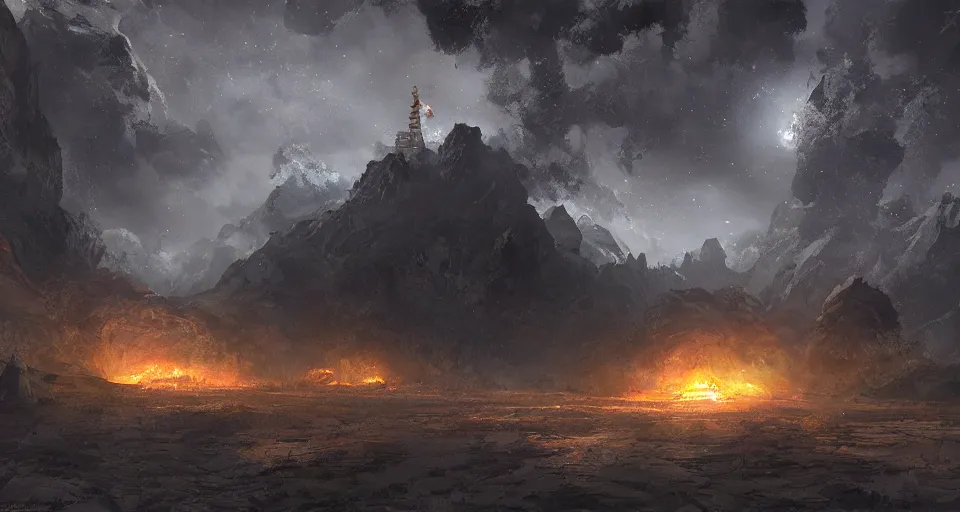 Image similar to craig mullins and ghibli digital art of a bigunreal hell door with fire in the sky in china ， black night sky, stars, below is the crowd, rivers, villages ， unreal engine, hyper realism, realistic shading, cinematic composition, realistic render, octane render, detailed textures, photorealistic, wide shot