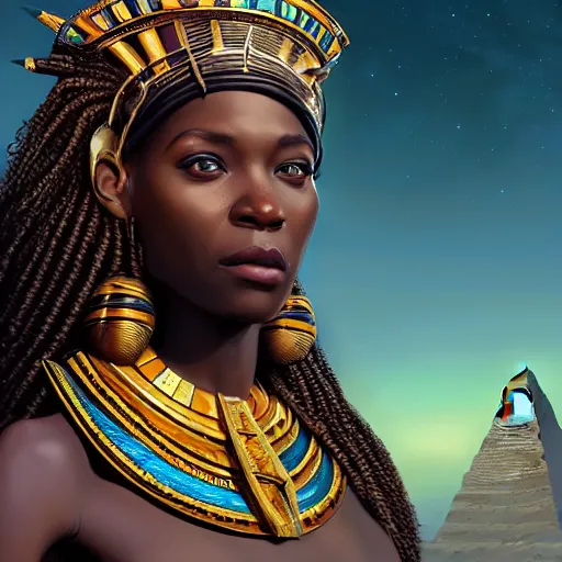 Image similar to highly detailed portrait of an african egyptian goddess, intricate alien technology, stephen bliss, unreal engine, fantasy art by greg rutkowski, loish, rhads, ferdinand knab, makoto shinkai and lois van baarle, ilya kuvshinov, rossdraws, tom bagshaw, global illumination, bokeh, radiant light, detailed and intricate environment