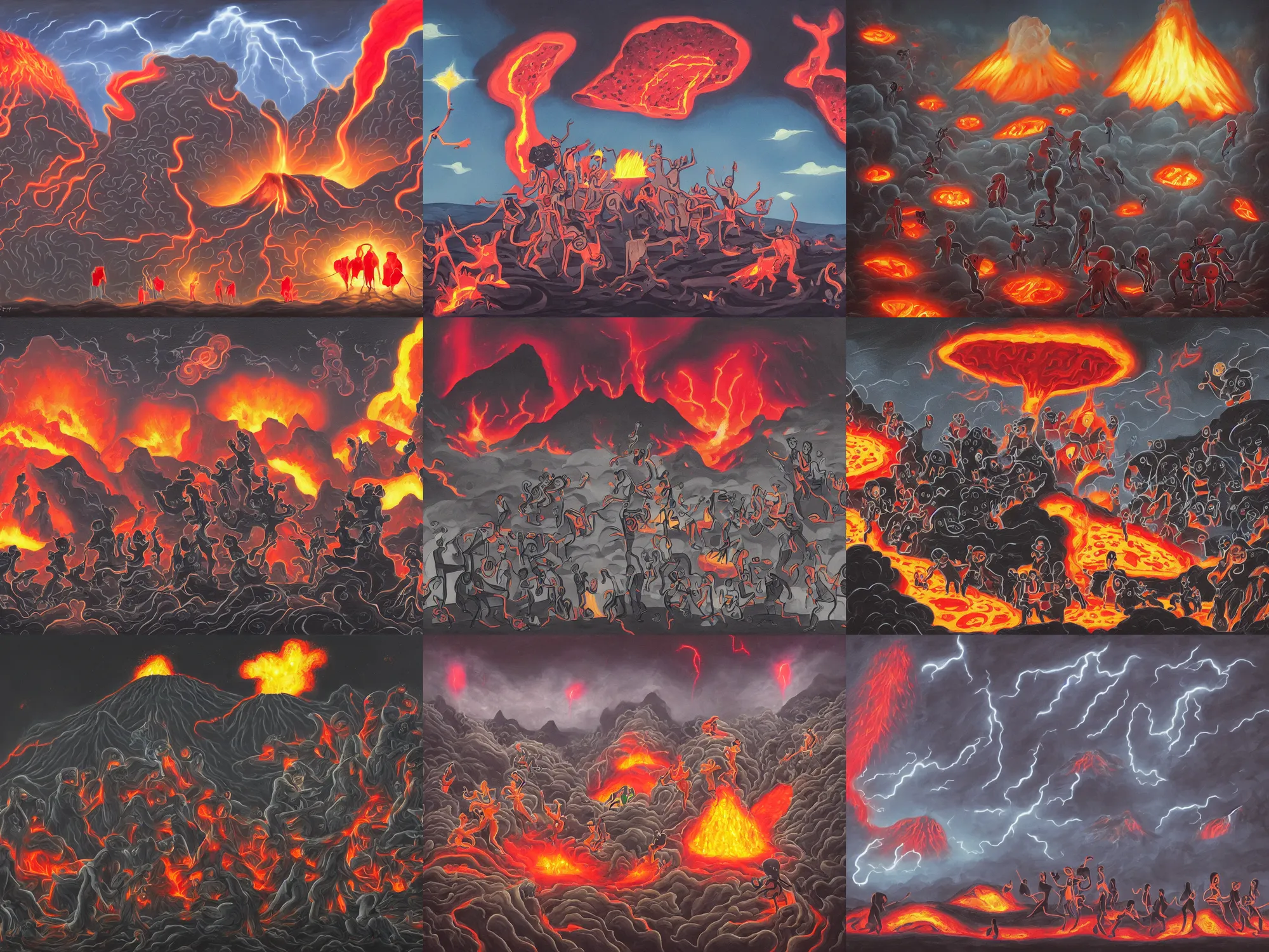 Prompt: a group of strange masked people struggling and grabbing for a very large pizza!!!, in front of a volcano spewing lava and black smoke, from below, streams of glowing hot lava, flashes of lightning in the distance, wide shot, long shot, an ultrafine detailed painting by unknown artist, deviantart, pop surrealism, whimsical