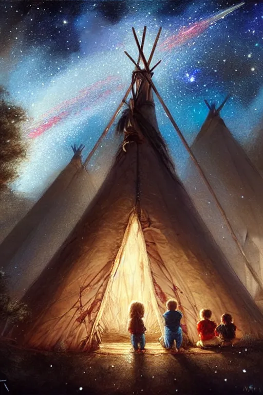 Image similar to a mother a father and 8 children sitting in front of a tipi with galaxies overhead, fireworks, by wlop, by luis royo, by peter mohrbacher, concept art, digital illustration, intricate, masterpiece, elegant, super detailed, unreal engine rendering, smooth, sharp focus, artstation hq