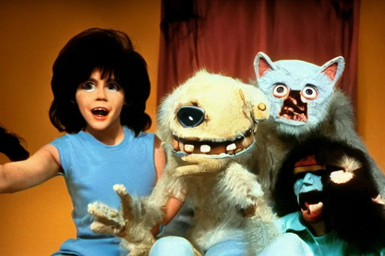 Image similar to a glitchy frame from a horrific live action 1 9 7 9 kids show about unnatural furry puppets