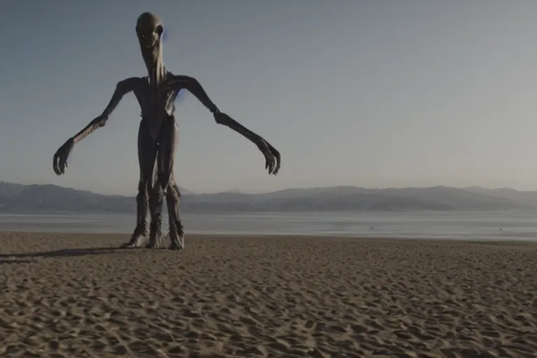 Image similar to cinematography of giant alien on Santa Monica peer By Emmanuel Lubezki