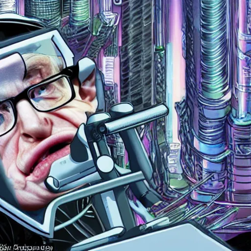 Prompt: steven hawking as a cyborg, cyberpunk, highly detailed, mega detailed