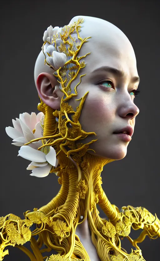 Image similar to intricate hyper detailed ultra sharp 3 d render of a beautiful porcelain seductive woman portrait, medium shot portrait, bright light, alexandre ferra white mecha, cyberpunk mechanical haute couture huge fractal mycelum and fungi, magnolia goliath head ornaments, big embroidered leaves filigree sinuous roots, octane render, volumetric cinematic lighting, yellow, 8 k, vray tracing