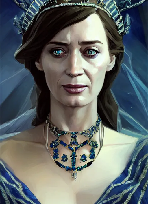 Image similar to portrait of emily blunt as witch queen, jewelry, greek, sapphire, victorian age, 1 8 9 0, intricate, headshot, key visual, conceptart, ambient lighting, highly detailed, digital painting, artstation, concept art, sharp focus, by makoto shinkai and akihiko yoshida and greg manchess