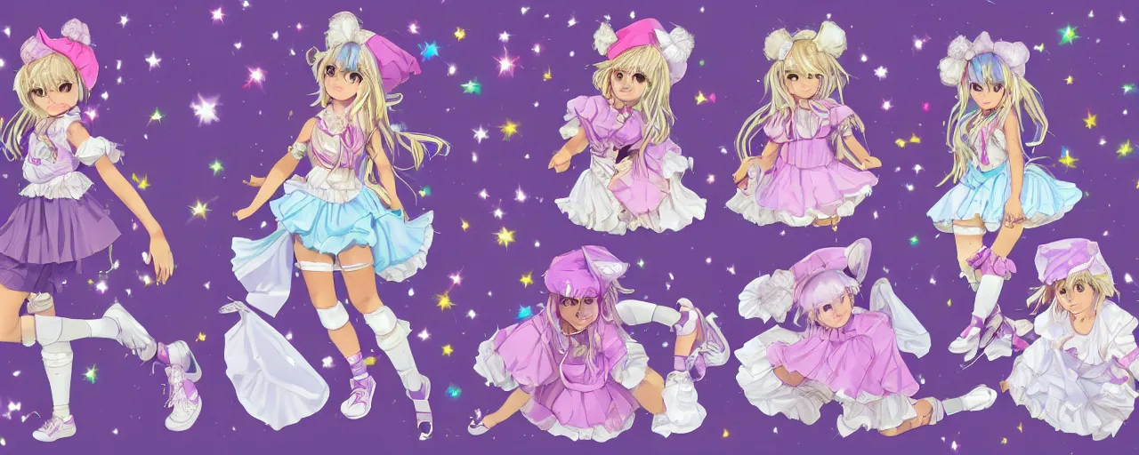 Image similar to A character sheet of full body cute magical girls with short blond hair wearing an oversized purple Beret, Purple overall shorts, Short Puffy pants made of silk, pointy jester shoes, a big billowy scarf, and white leggings. Rainbow accessories all over. Flowing fabric. Ruffles and Bows. Petticoat. Covered in stars. Short Hair. Art by Johannes Helgeson and william-adolphe bouguereau and Paul Delaroche and Alexandre Cabanel and Lawrence Alma-Tadema and WLOP and Artgerm. Fashion Photography. Decora Fashion. harajuku street fashion. Kawaii Design. Intricate, elegant, Highly Detailed. Smooth, Sharp Focus, Illustration Photo real. realistic. Hyper Realistic. Sunlit. Moonlight. Dreamlike. Fantasy Concept Art. Surrounded by clouds. 4K. UHD. Denoise.