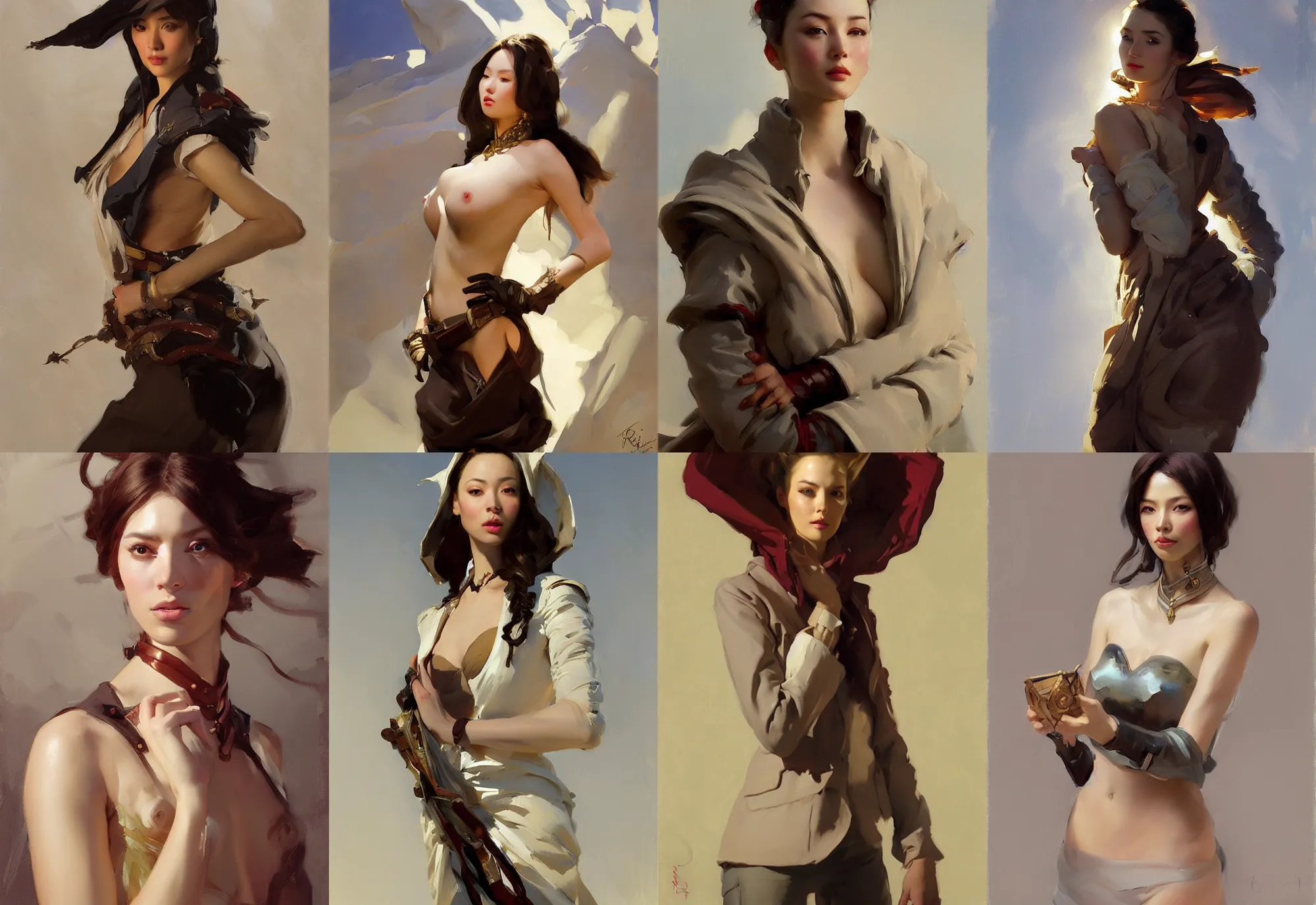 Image similar to portrait of russian asian model girl jodhpurs hyperborea winter traveler treasure hunter decollete greg manchess painting by sargent and leyendecker, fantasy, medium shot, asymmetrical, intricate, elegant, matte painting, illustration, hearthstone, by rhads, by greg rutkowski, by greg tocchini, by james gilleard, by joe fenton