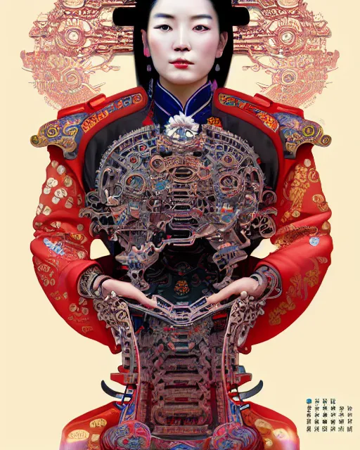 Image similar to portrait of a chinese cyberpunk machine, machine face, arms, upper half portrait, decorated with chinese opera motifs, regal, asian, fine china, wuxia, traditional chinese art intricate intense elegant 京 剧 highly detailed digital painting artstation concept art smooth sharp focus illustration, art by artgerm and greg rutkowski alphonse mucha 8 k