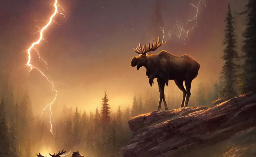 Prompt: moose with lightning horns, artstation, Jordan Grimmer, Noah Bradley