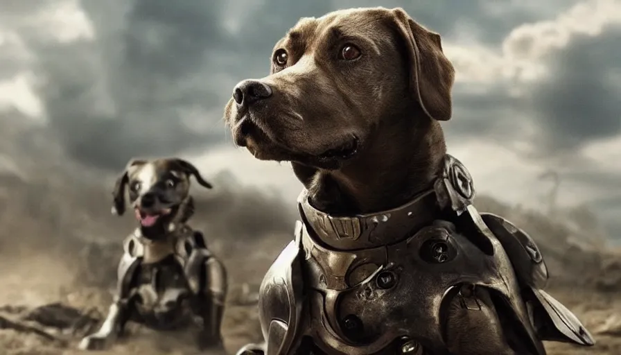 Image similar to a big budget movie about a heroic cyborg dog soldier in an epic battle