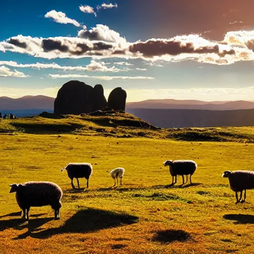 Image similar to a beautiful landscape with a lake and a big monolith, sheep grazing, fractal rock formations, cinematic light, late afternoon, long shadows,