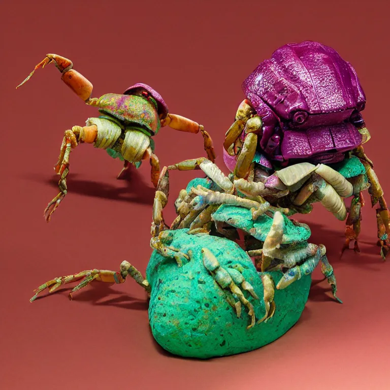 Prompt: hyperrealistic sculpture of a knobbed whelk hermit crab dusted with magenta and hunter green spraypaint in a grid cage on a pedestal by ron mueck and duane hanson and lee bontecou, hyperrealistic dramatic colored lighting trending on artstation 8 k