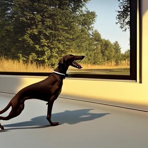 Prompt: goofy greyhound walking into glass door, photorealistic, unreal engine, realistic lighting, dynamic shadows, golden hour, artstation, 4 k