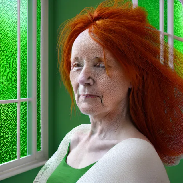 Prompt: an striking!! render of a middle aged woman with auburn hair and a white veil on her head wearing a green dress sitting in front of an open window, an ambient occlusion render, featured on zbrush central, hyper realistic art, neural pointillism, houdini, zbrush, warm earth tones, natural light, oil painting, strong brushwork