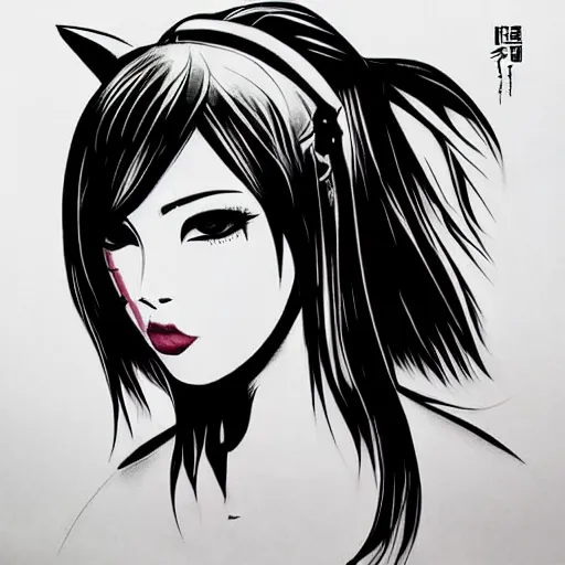 Prompt: tattoo design, stencil, portrait of a cyberpunk japanese girl, artgerm, cat girl