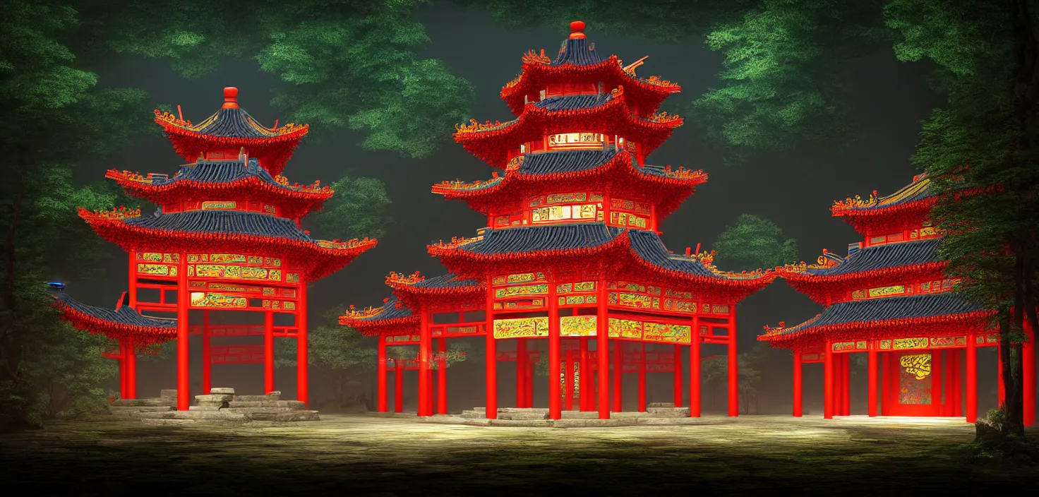 Image similar to a traditional chinese building in the forest at night, big round glowing multicoloured portal house, central symmetrical composition, incredible, vector art, octane render, fabulous, hyper detailed, random cinematic view, no noise, global illumination, warm lighting, volumetric, godrays, vivid, beautiful, by jordan grimmer