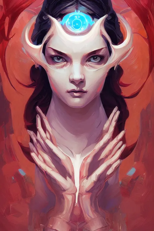 Prompt: portrait of lilith, perfectly symmetrical, tooth wu, dan mumford, beeple, wlop, rossdraws, james jean, marc simonetti, artstation giuseppe dangelico pino and michael garmash and rob rey and greg manchess and huang guangjian and makoto shinkai