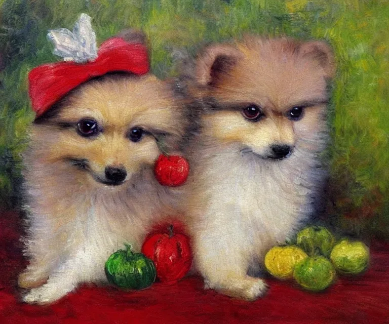 Image similar to pomeranian, cute, monet, oil painting