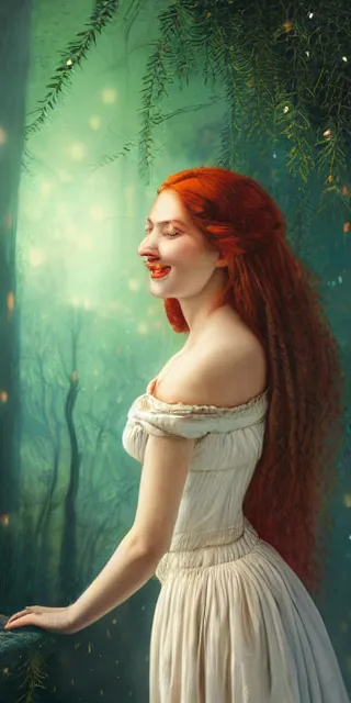 Image similar to young woman, serene smile, surrounded by firefly lights, full covering intricate detailed dress, amidst nature, long red hair, precise linework, accurate green eyes, small nose with freckles, beautiful smooth oval shape face, empathic, expressive emotions, dramatic lights, hyper realistic ultrafine art by artemisia gentileschi, jessica rossier, boris vallejo