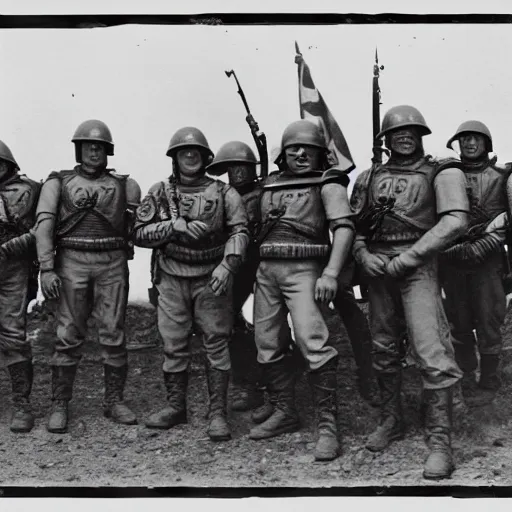 Image similar to world war 2 photograph of a single warhammer 4 0 k space marine taking posing with american troops, rosenthal, baltermants, kerlee, vaccaro