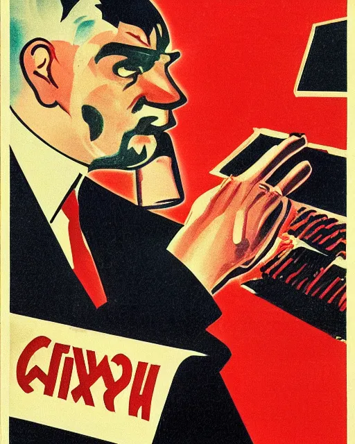 Image similar to soviet propaganda poster of an angry communist developer yelling at his computer