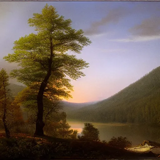 Prompt: Norrlandsskog, A Northern Swedish forest-clearing, dense pine trees and etheral light in the style of Hudson River School of Arts