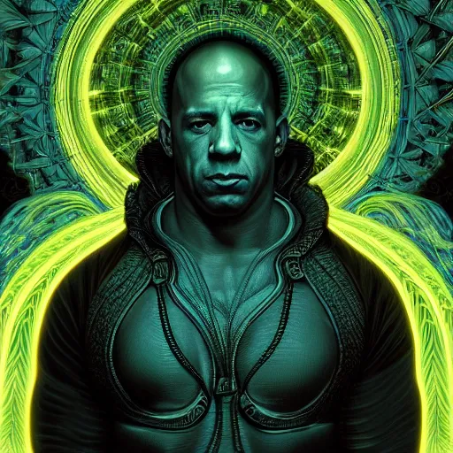 Prompt: photorealistic vin diesel as a dmt entity in the style of alex grey, gustave dore, and michael whelan. hyperdetailed photorealism, 1 0 8 megapixels, amazing depth, high resolution, 3 d shading, 3 d finalrender, 3 d cinematic lighting, glowing rich colors, psychedelic overtones, artstation concept art.