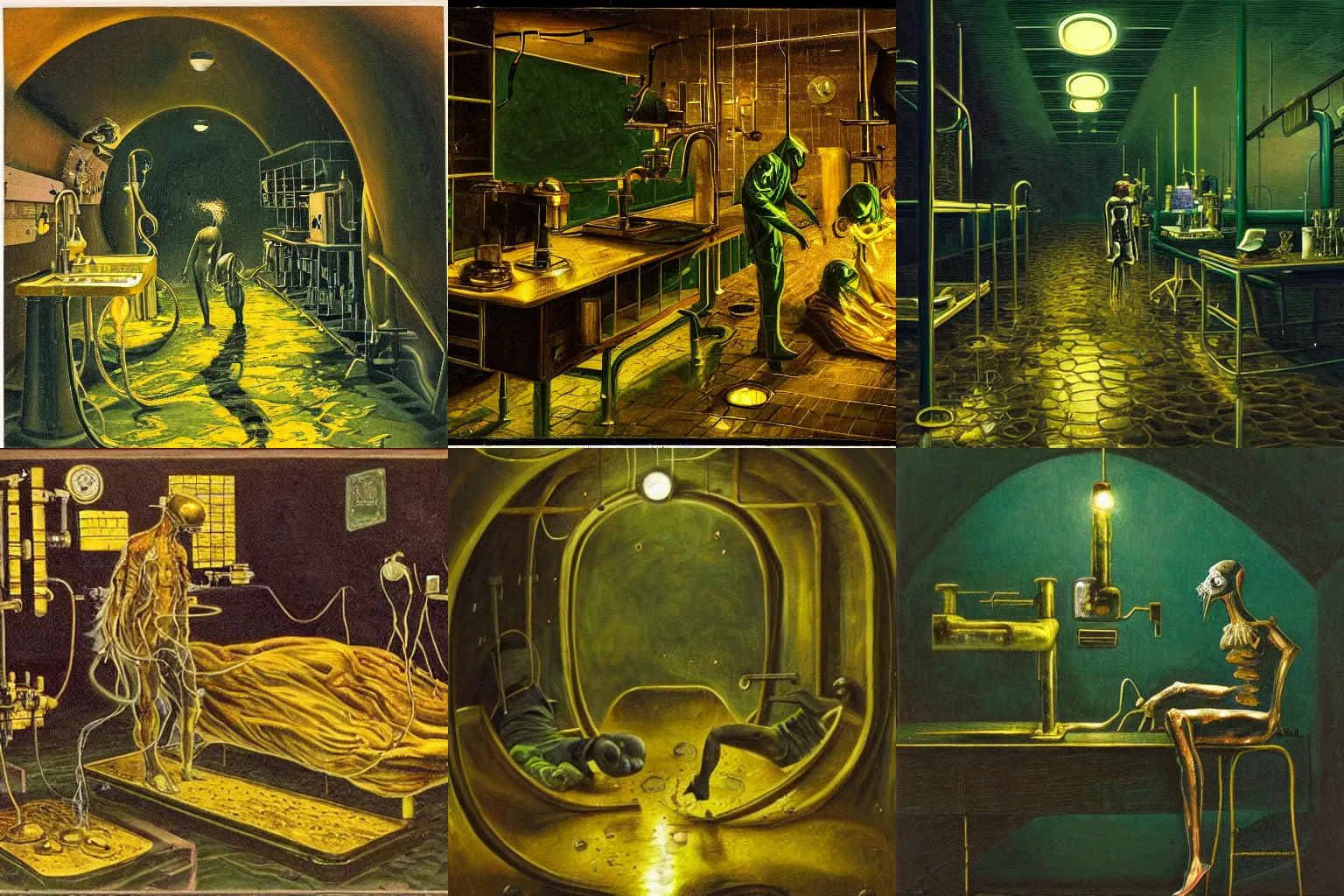 Prompt: dark green sci-fi lab at night, gustave coubert painting hideous and sick human dressed in rags crawling in two legs dripping golden metalic fluid from ribcage to a puddle of golden liquid on the floor. Smokey atmosphere