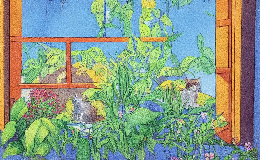 Prompt: sleeping cat on window, inside house in village, plants, gentle colours, light colours, divisionism and pointillism style