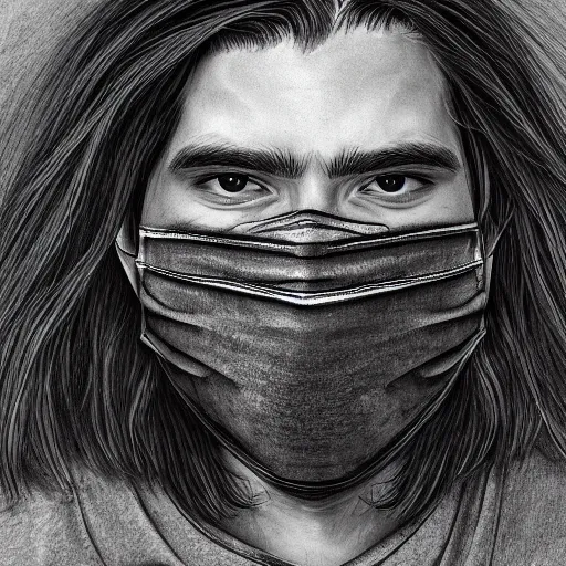 Image similar to professional pencil sketch of a young adult man with slightly long hair wearing a black face mask and an oversized dark sweatshirt and dark sweatpants, high quality, HD, 8K, highly detailed, award-winning