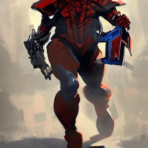 Image similar to greg manchess portrait painting of an armored dark iron spiderman as overwatch character, medium shot, asymmetrical, profile picture, organic painting, sunny day, matte painting, bold shapes, hard edges, street art, trending on artstation, by huang guangjian, gil elvgren, ruan jia, greg rutkowski, gaston bussiere