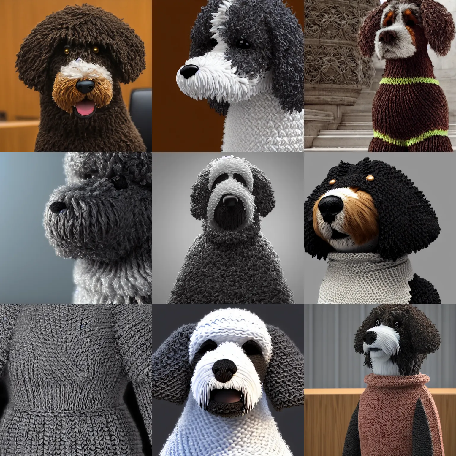 Prompt: a closeup photorealistic illustration of a knitted bernedoodle wearing a justice gown and speaking to the courthouse. this 4 k hd image is trending on artstation, featured on behance, well - rendered, extra crisp, features intricate detail, epic composition and the style of unreal engine.
