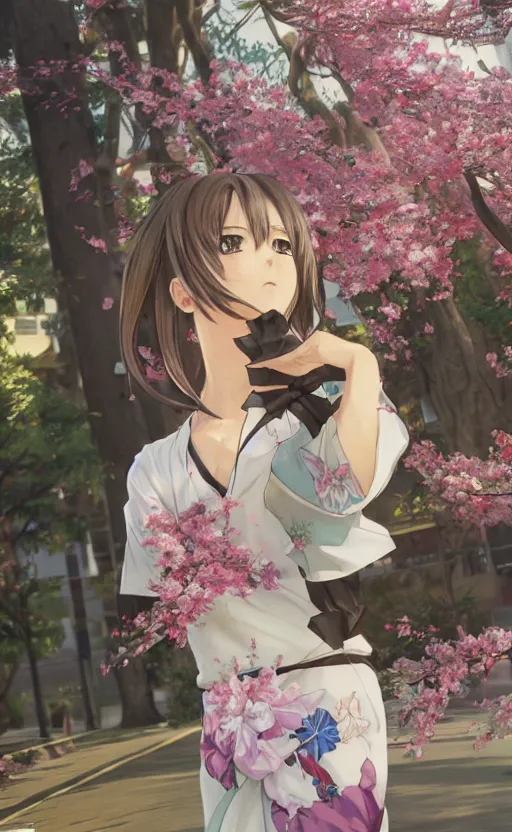 Image similar to anime style, gta 5, full body art of girl, yukata clothing, sakura tree in background, short hair, hair down, symmetrical facial features, from arknights, hyper realistic, extreme detail, volumetric lights, 4 k drawing, safebooru, realistic lighting, by alphonse mucha, greg rutkowski, sharp focus, backlit